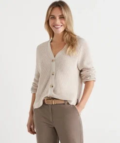Sussan Tops|Knitwear>Ribbed V Neck Knit Cardigan - Cream DOVE