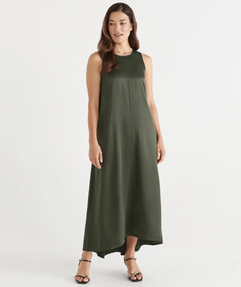 Sussan Dresses>Satin Sleeveless Column Maxi Dress KALE