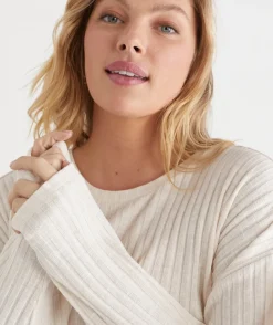 Sussan Tops>Self-Stripe Curve Hem Long Sleeve Top