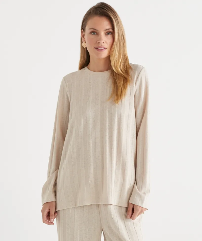 Sussan Tops|Loungewear>Self-Stripe Long Sleeve Knit Top