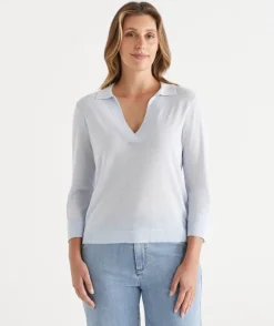 Sussan Tops|Knitwear>Sequin Knit Polo Top PALE BLUE