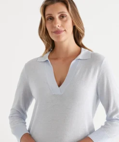 Sussan Tops|Knitwear>Sequin Knit Polo Top PALE BLUE