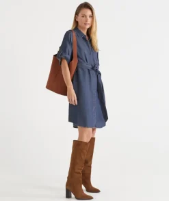 Sussan Dresses>Short Sleeve Belted Shirt Dress DARK WASH