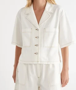 Sussan Tops|Denim>Short Sleeve Denim Shirt Jacket WHITE