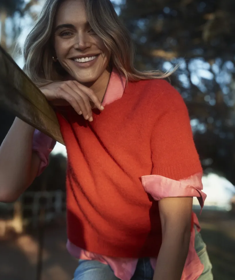 Sussan Tops|Knitwear>Short Sleeve Fluffy Knit Top ROUGE