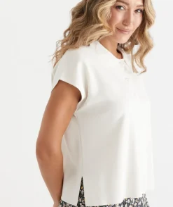 Sussan Tops|Knitwear>Short Sleeve Knit Polo Top VINTAGE CREAM