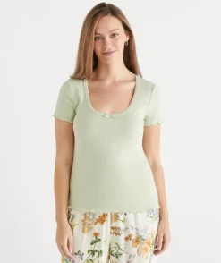 Sussan Women's Pyjama Tops>Short Sleeve Pointelle Pyjama Tee - Green SAGE GREEN