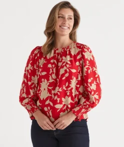 Sussan Tops|Shirts & Blouses>Silhouette Floral Print Long Sleeve Top - Red ROUGE
