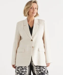 Sussan Jackets & Coats|Jackets>Single Breasted Linen Blazer - NATURAL MARLE