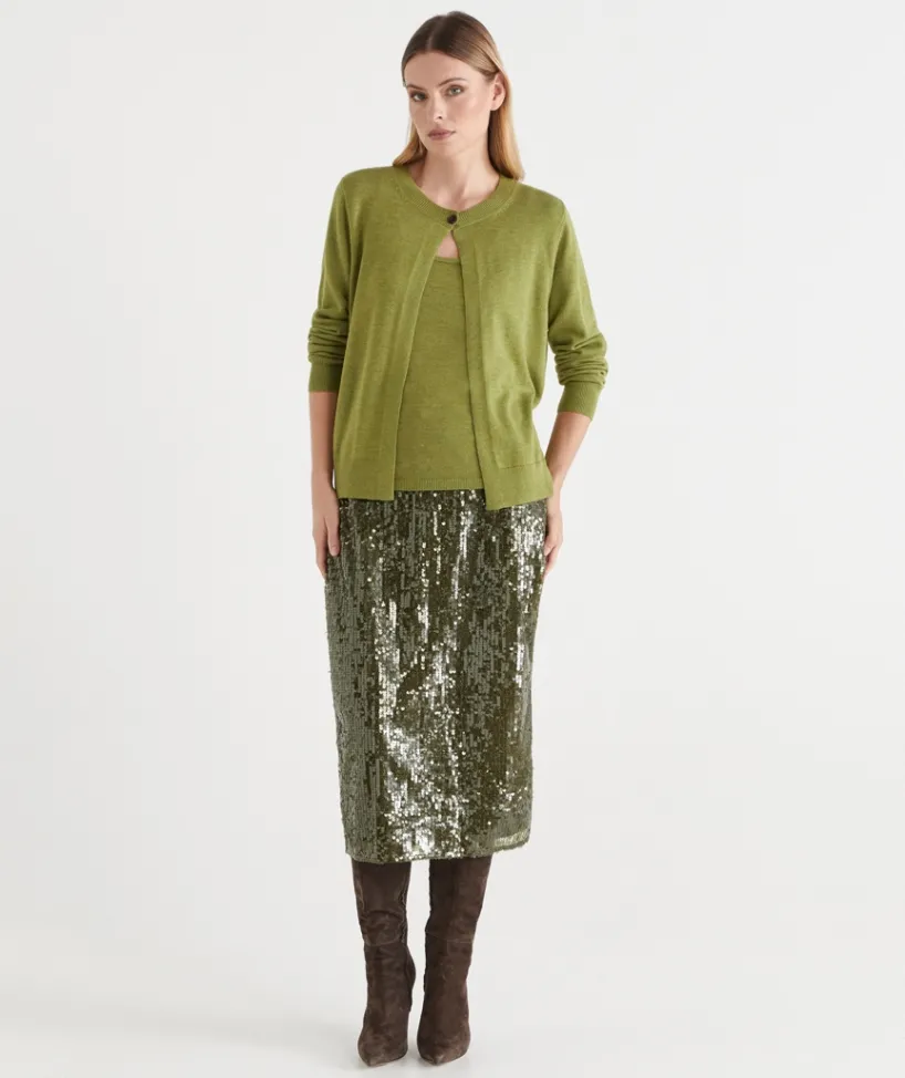 Sussan Tops|Matching Sets>Single Button Knit Crew Cardigan MOSS LEAF