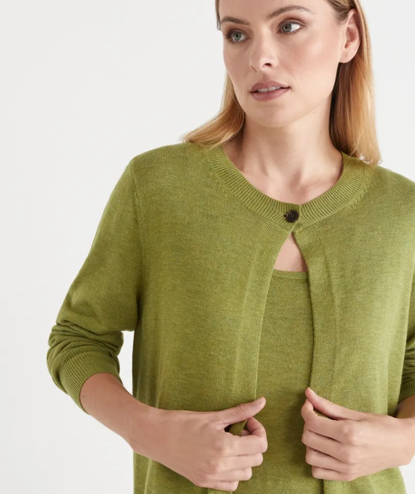 Sussan Tops|Matching Sets>Single Button Knit Crew Cardigan MOSS LEAF