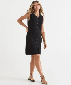 Sussan Dresses|Knitwear>Sleeveless Knit Button Dress BLACK