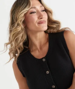 Sussan Dresses|Knitwear>Sleeveless Knit Button Dress BLACK