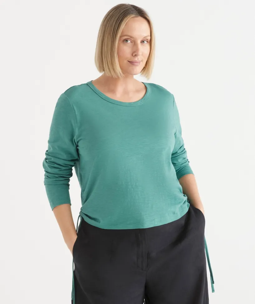 Sussan Tops|T-Shirts>Slub Long Sleeve Ruched Top DEEP JADE