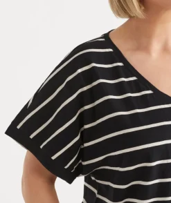 Sussan Tops|T-Shirts>Slub Stripe Dolman V Neck T-Shirt - Black BLACK/NATURAL