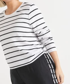 Sussan Tops|T-Shirts>Slub Stripe Long Sleeve Ruched Top BLACK/WHITE