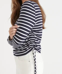 Sussan Tops>Slub Stripe Ruched Long Sleeve Top - INK