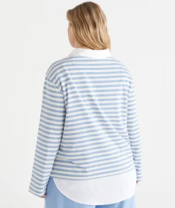 Sussan Tops|T-Shirts>Stripe Boat Neck Long Sleeve Top - Blue PERIWINKLE