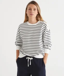 Sussan Tops|Loungewear>Stripe Button Shoulder Jumper - INK
