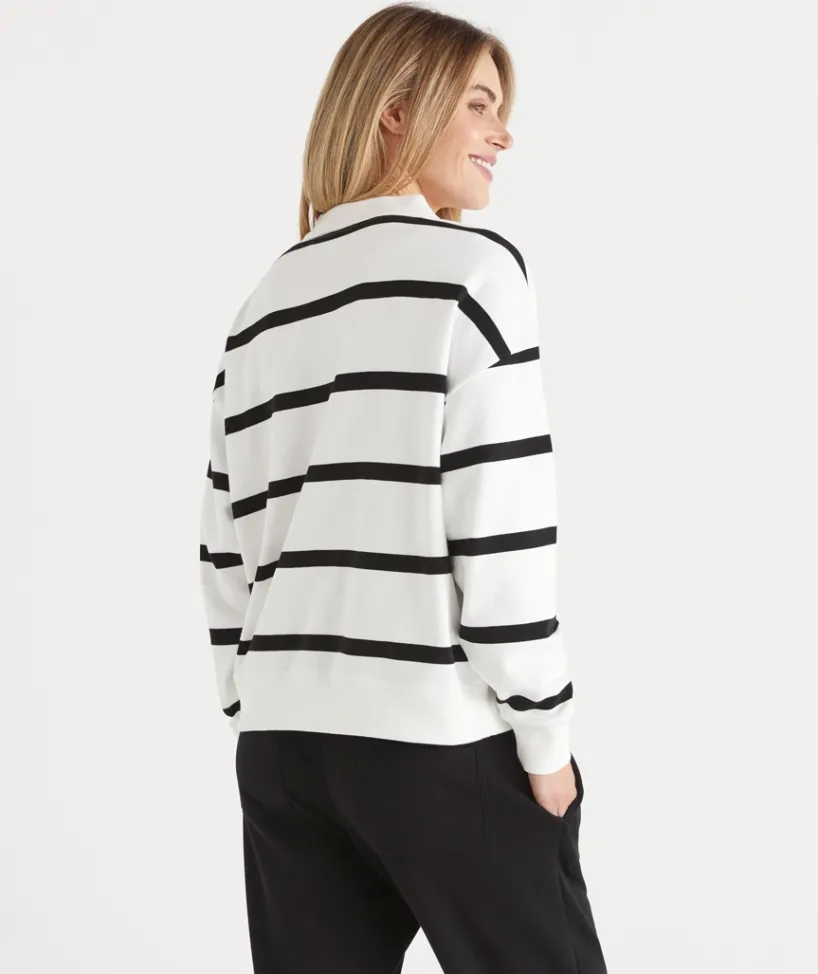 Sussan Tops|Loungewear>Stripe Henley Polo Jumper BLACK/WHITE