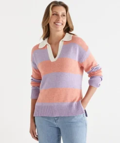 Sussan Tops|Knitwear>Stripe Knit Rugby Polo Jumper - LILAC