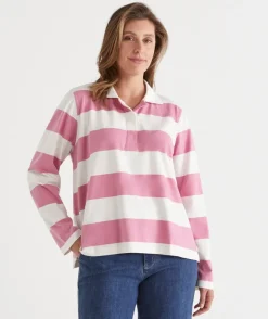 Sussan Tops|Denim>Stripe Long Sleeve Polo Rugby Top - Pink PRIMROSE PINK