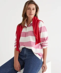 Sussan Tops|Denim>Stripe Long Sleeve Polo Rugby Top - Pink PRIMROSE PINK