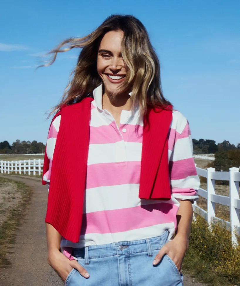 Sussan Tops|Denim>Stripe Long Sleeve Polo Rugby Top - Pink PRIMROSE PINK