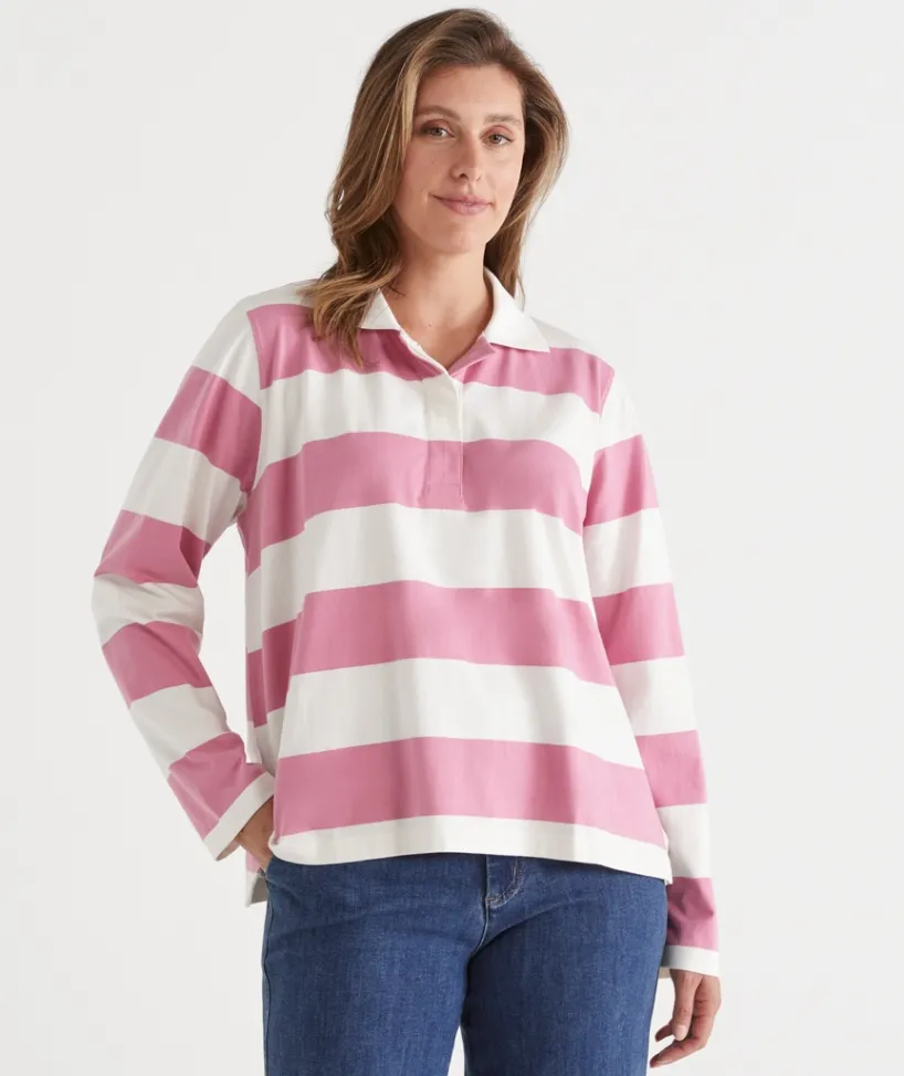 Sussan Tops|Denim>Stripe Long Sleeve Polo Rugby Top - Pink PRIMROSE PINK