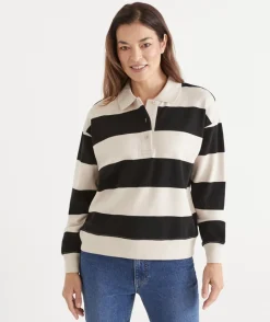Sussan Tops|Loungewear>Stripe Rugby Button Jumper - BLACK/NATURAL