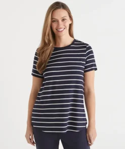 Sussan Tops|T-Shirts>Stripe Seam Detail Curve Hem Tee MIDNIGHT/WHITE