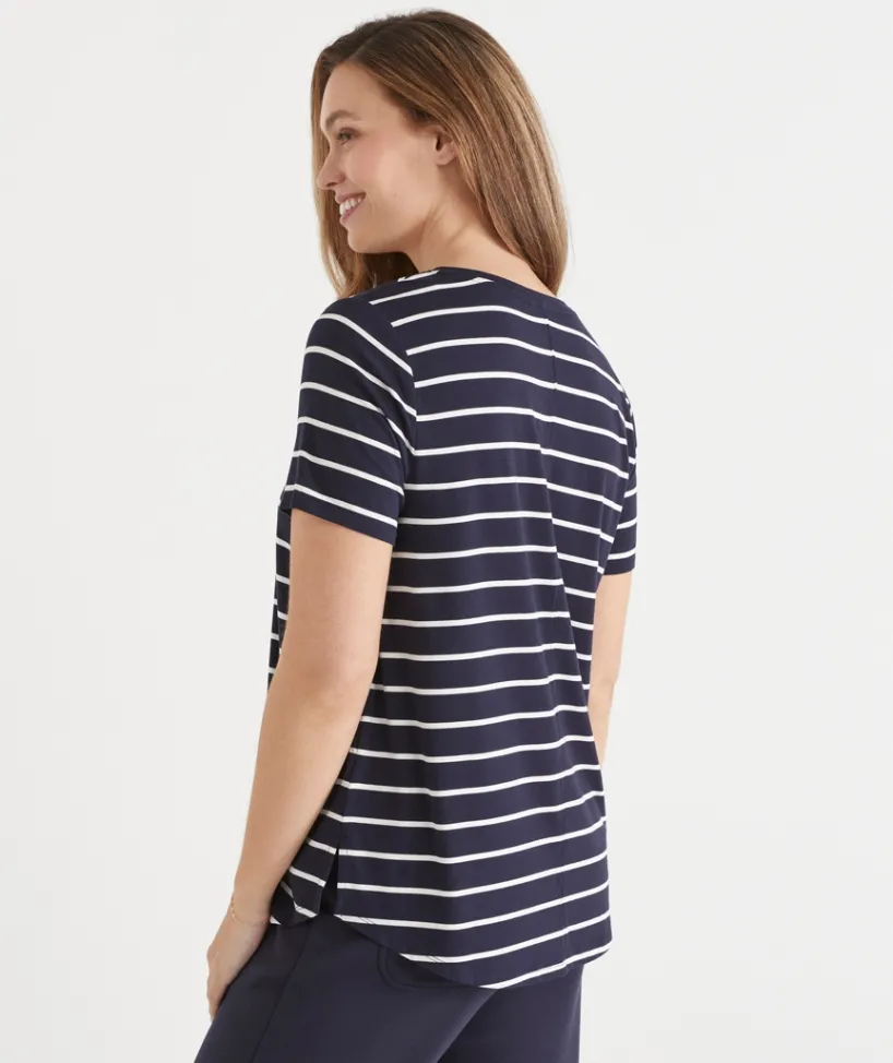 Sussan Tops|T-Shirts>Stripe Seam Detail Curve Hem Tee MIDNIGHT/WHITE