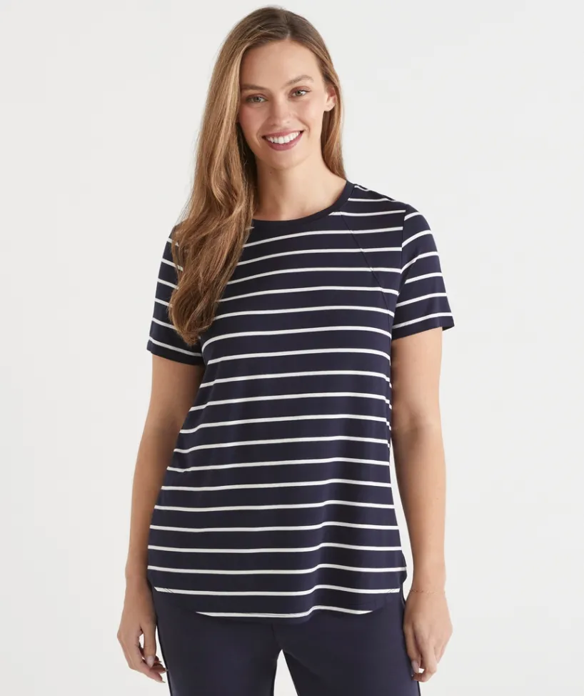 Sussan Tops|T-Shirts>Stripe Seam Detail Curve Hem Tee MIDNIGHT/WHITE