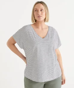 Sussan Tops|T-Shirts>Stripe Slub V Neck T-Shirt BLACK/WHITE