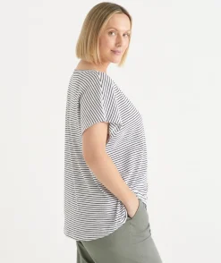 Sussan Tops|T-Shirts>Stripe Slub V Neck T-Shirt BLACK/WHITE