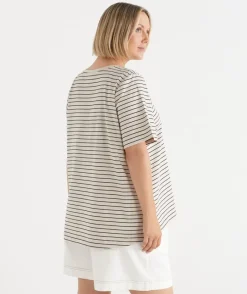 Sussan Tops|T-Shirts>Stripe Swing Short Sleeve T-Shirt BLACK/NATURAL