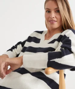 Sussan Tops|Knitwear>Stripe V Neck Jumper - INK/WHITE