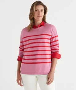 Sussan Tops|Knitwear>Striped Crew Neck Knit Jumper - Red/Pink ROUGE