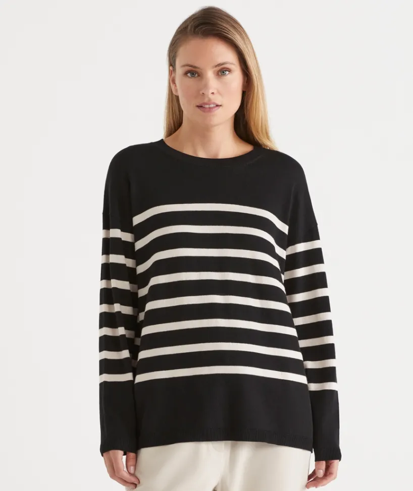 Sussan Tops|Knitwear>Striped Crew Neck Knit Jumper - BLACK/NATURAL