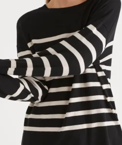 Sussan Tops|Knitwear>Striped Crew Neck Knit Jumper - BLACK/NATURAL