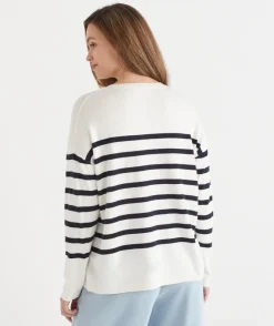 Sussan Tops|Knitwear>Striped Crew Neck Knit Jumper - Cream/ INK