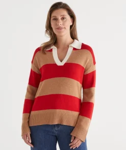 Sussan Tops|Knitwear>Striped Knit Rugby Polo Jumper - Red ROUGE