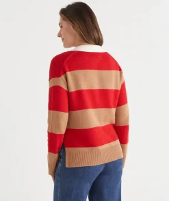Sussan Tops|Knitwear>Striped Knit Rugby Polo Jumper - Red ROUGE