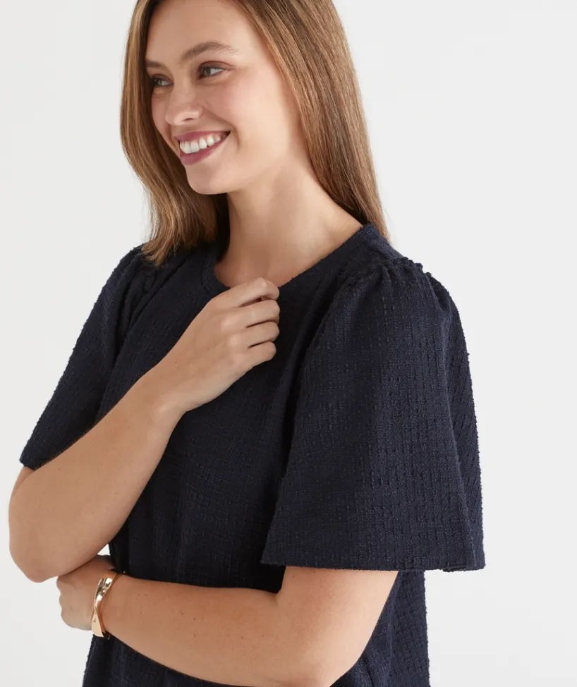 Sussan Dresses>Textured Short Sleeve Flutter Dress MIDNIGHT