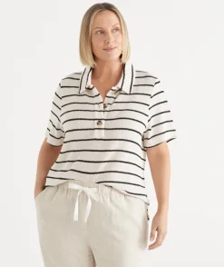 Sussan Tops|T-Shirts>Textured Stripe Polo Top BLACK/NATURAL