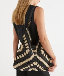 Sussan Bags>Two-Tone Raffia Shoulder Bag BLACK