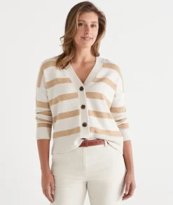 Sussan Knitwear|Knit Cardigans>V Neck Contrast Stripe Cardigan PARCHMENT