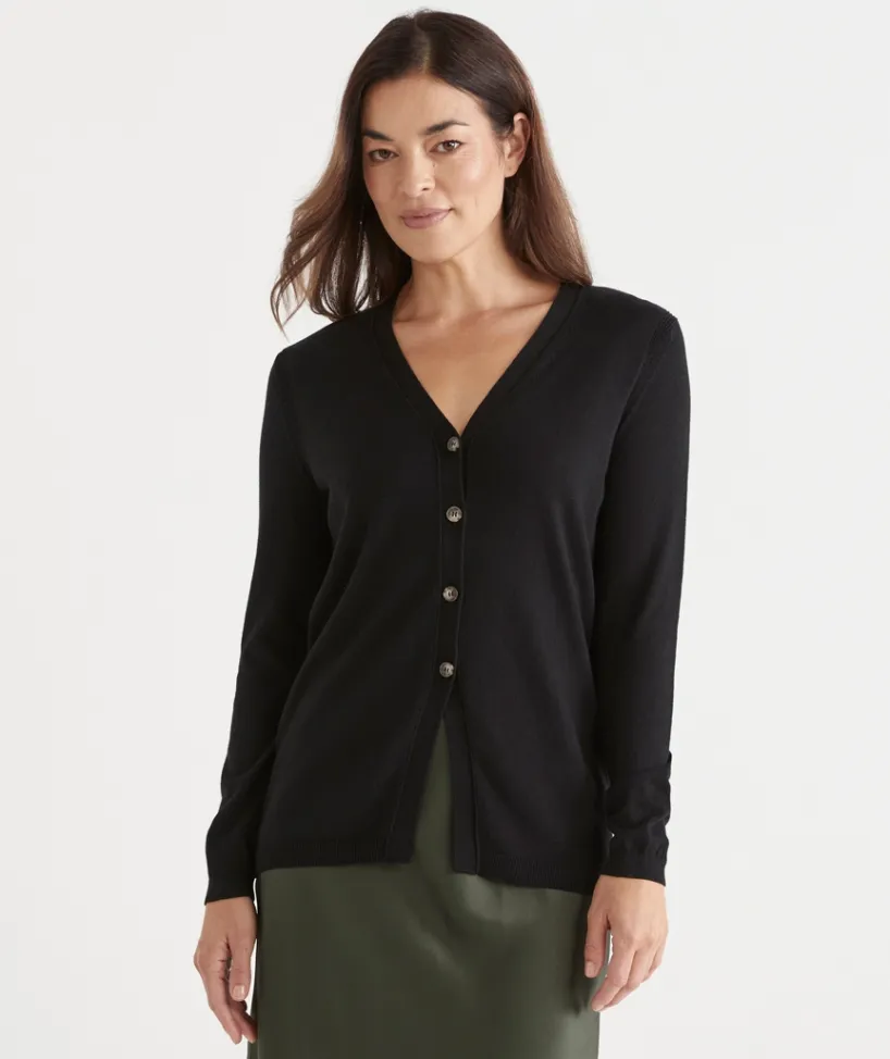 Sussan Tops|Knitwear>V Neck Knit Cardigan BLACK