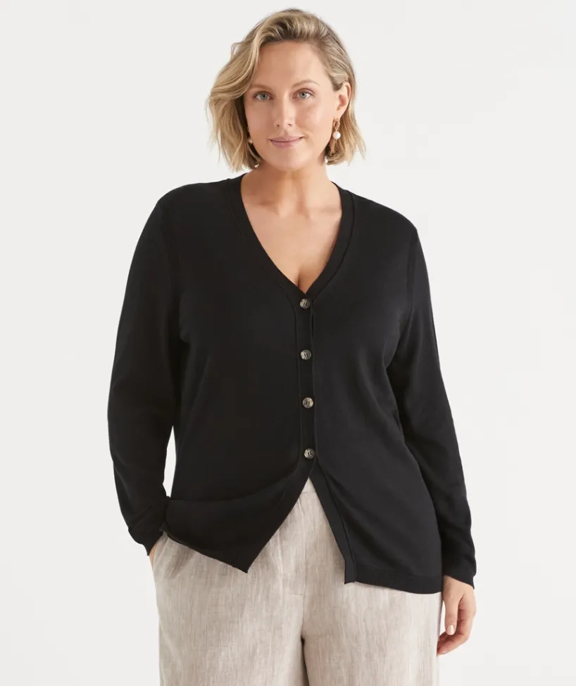 Sussan Tops|Knitwear>V Neck Knit Cardigan BLACK