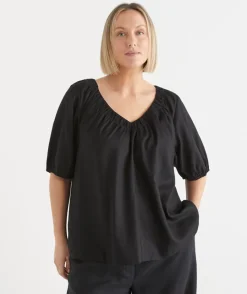 Sussan Tops|Shirts & Blouses>V Neck Ruched Short Sleeve Top